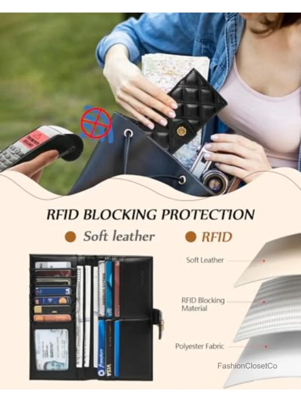 Slim Bifold RFID Blocking Vegan Leather Wallet with Zipper Coin Pocket